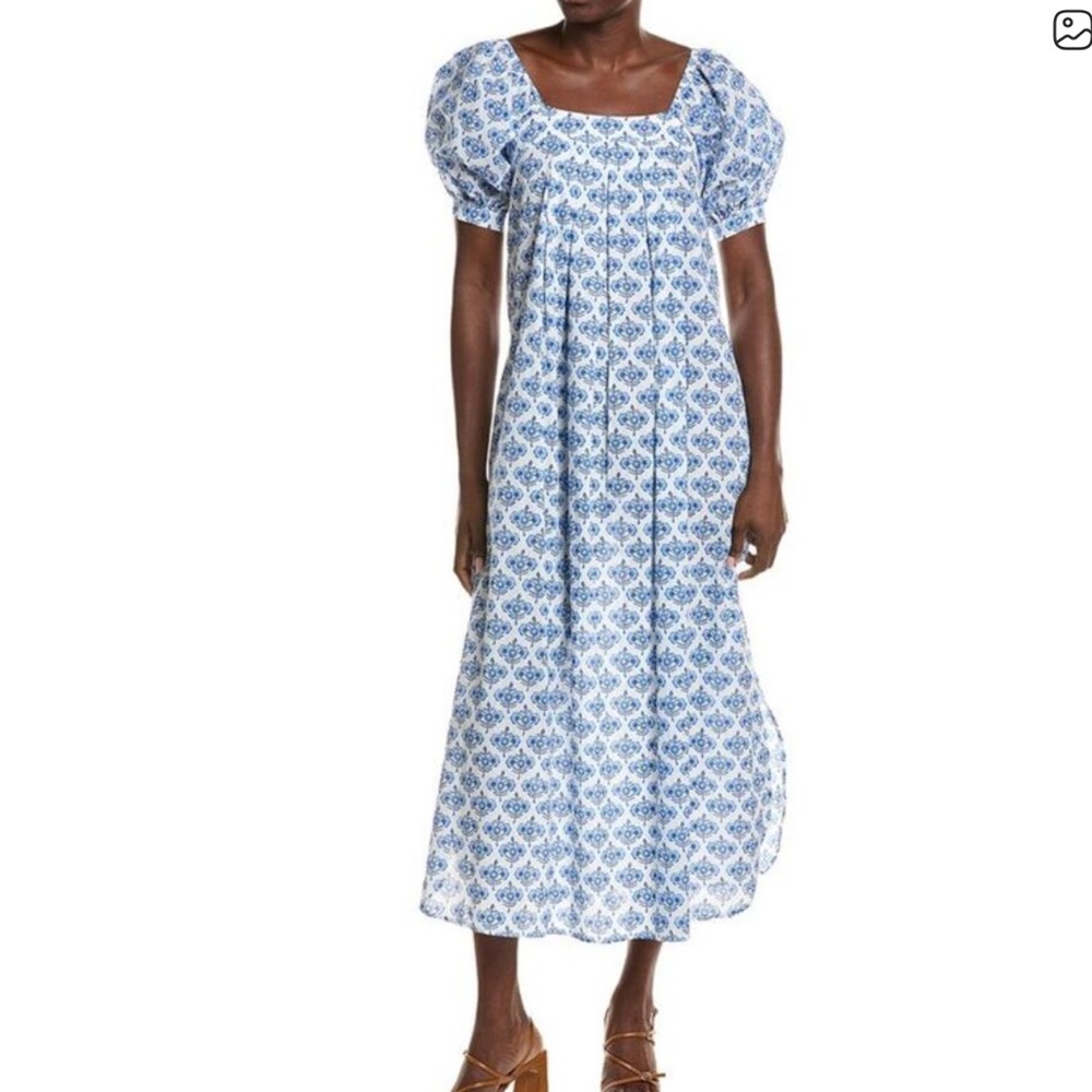 J. McLaughlin Blue and White Printed Puff-Sleeve Midi Dress